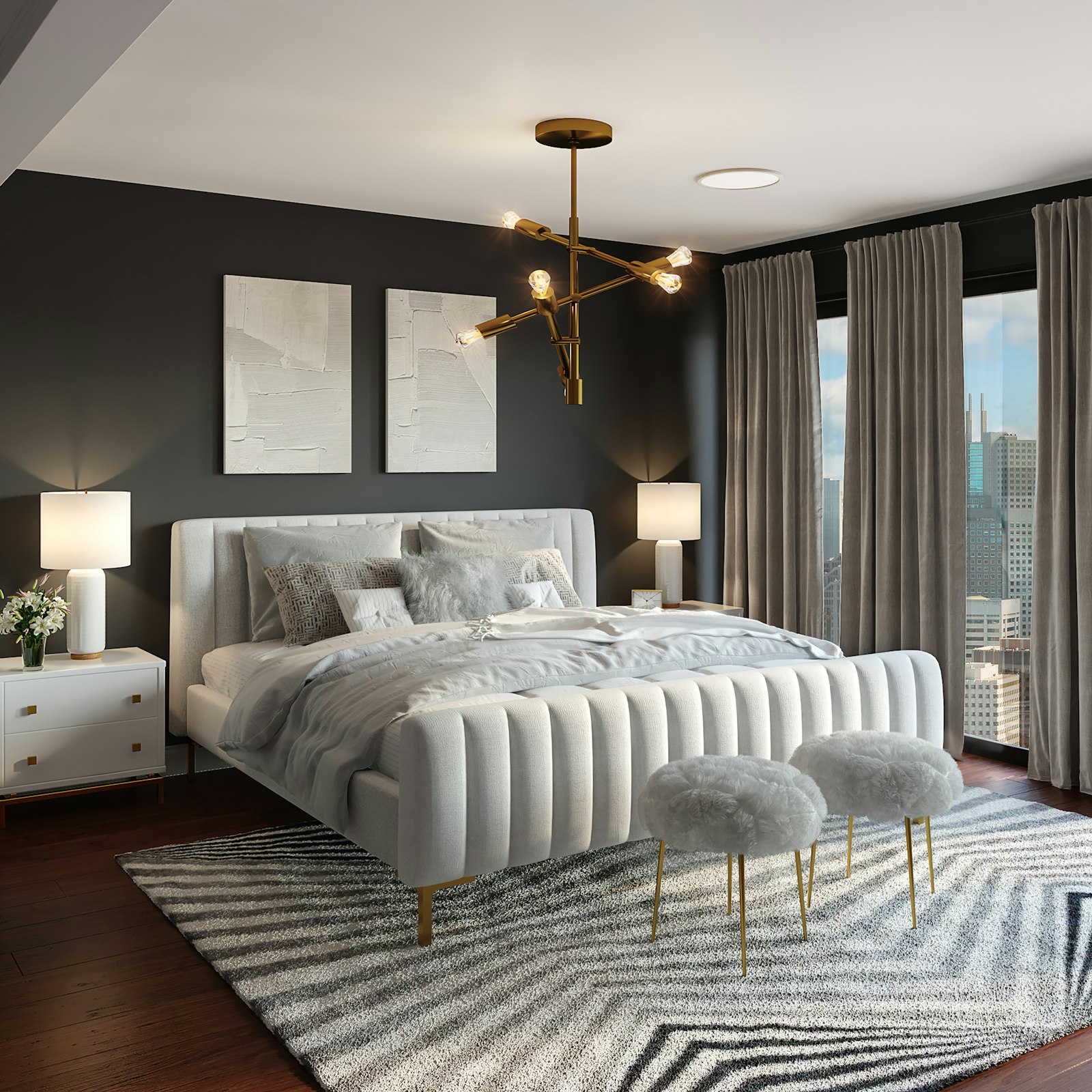 Bedroom painted a deep charcoal with white ceiling and trim